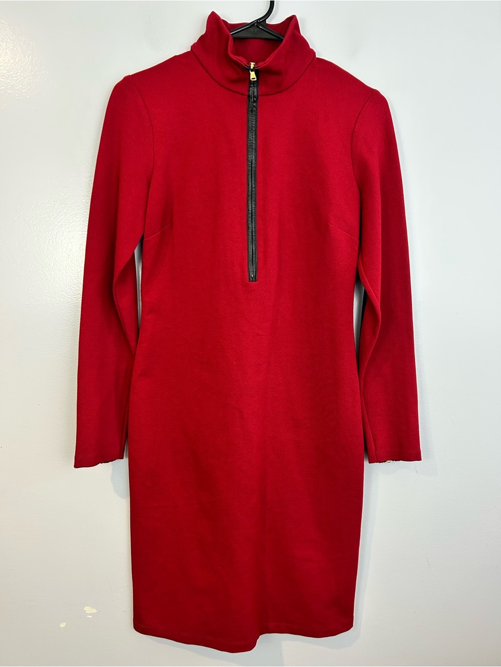 Ralph Lauren Red Mock Neck Lamb Leather Elbow Pad Sheath Bodycon Dress Size 2
